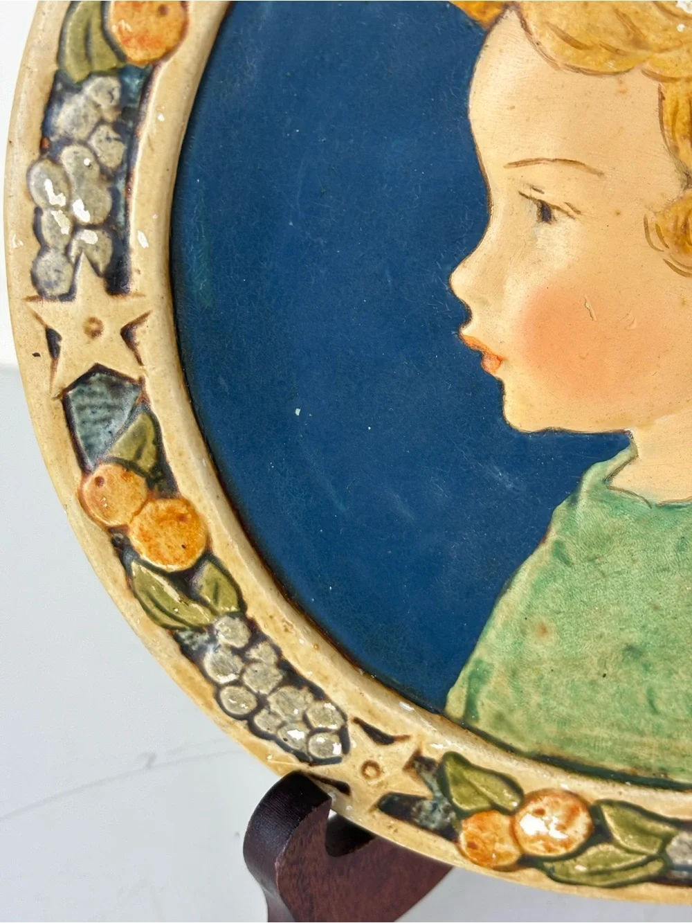 Vintage Plaster Wall Plaque/ Art Deco   Style-Child Portrait /Fruit & Star Boar
